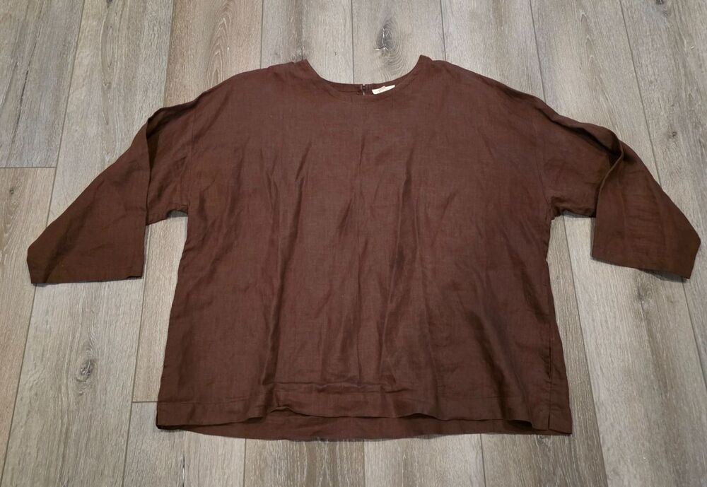 Eileen Fisher Brown Organic Linen Boxy Lagenlook Sweater Top Sz XL Pockets READ